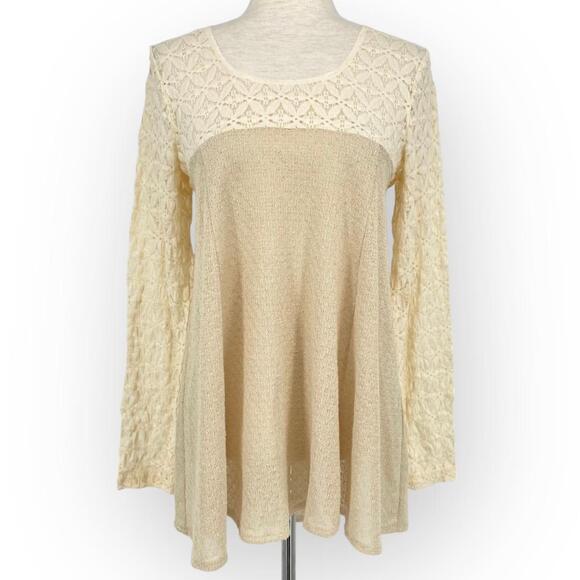 ALTAR'D STATE Cream Tunic Blouse Sheer Knit Floral Lace Long Sleeve Size Small - Picture 1 of 6